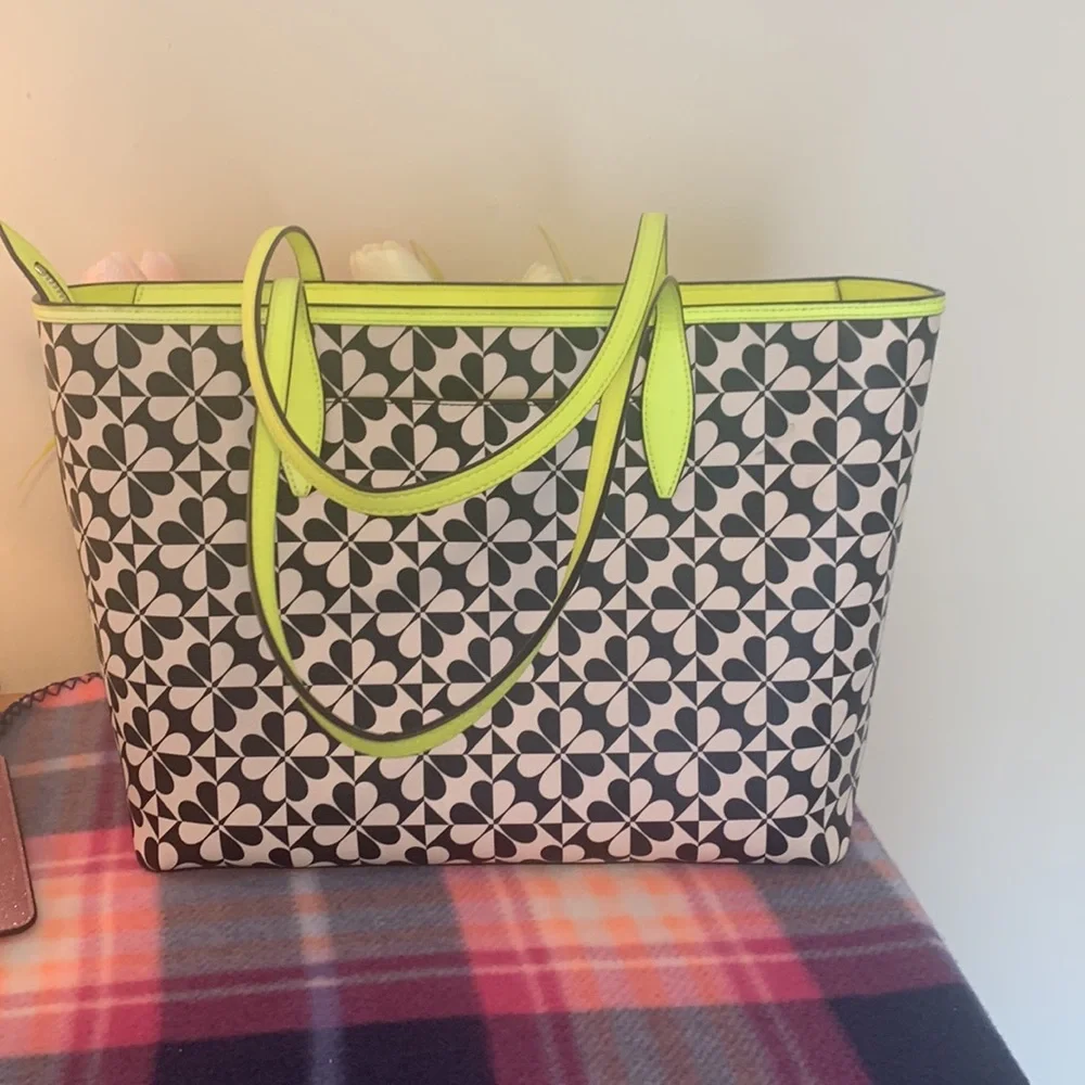 kate spade Black and White Floral Tote with Neon Yellow Trim